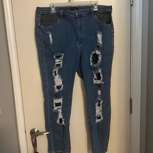F21 Plus Ripped Jeans with Fish Net Inserts